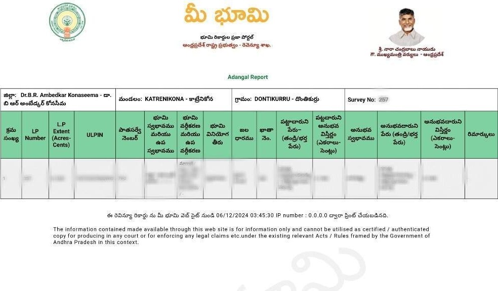 Adangal AP (అడంగల్ / పహాణి) – Andhra Pradesh Pahani Records Sample Document