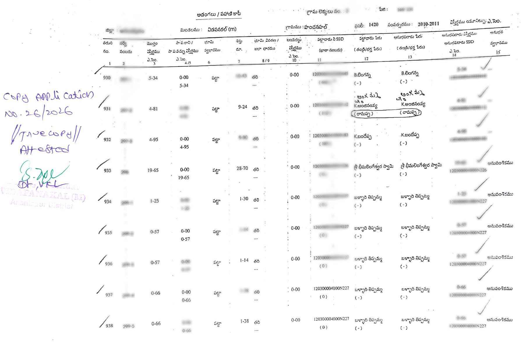 Old Pahani (Fair Adangal) Andhra Pradesh (పాత పహాని (ఫెయిర్ అడంగల్)) Sample Document