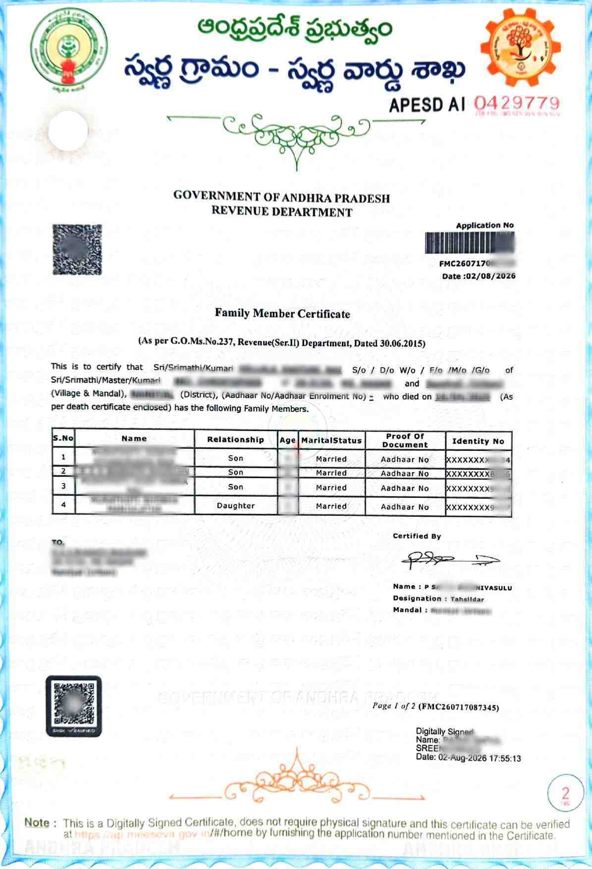 Family Member Certificate (Family Tree) Andhra Pradesh (ఫ్యామిలీ మెంబర్ సర్టిఫికేట్) Sample Document