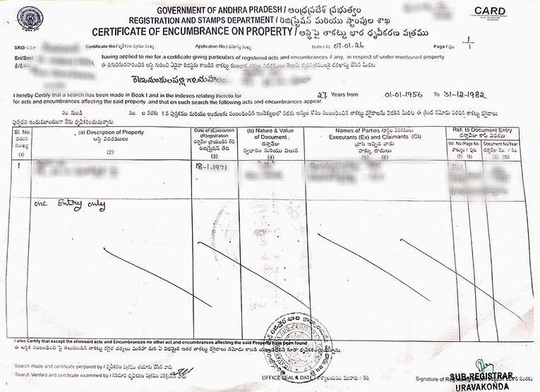 Manual Encumbrance Certificate Andhra Pradesh (మాన్యువల్ EC) Sample Document