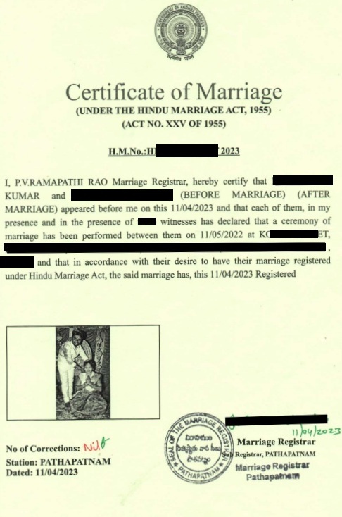 Marriage Registration Certificate Andhra Pradesh (వివాహ నమోదు సర్టిఫికేట్) Sample Document