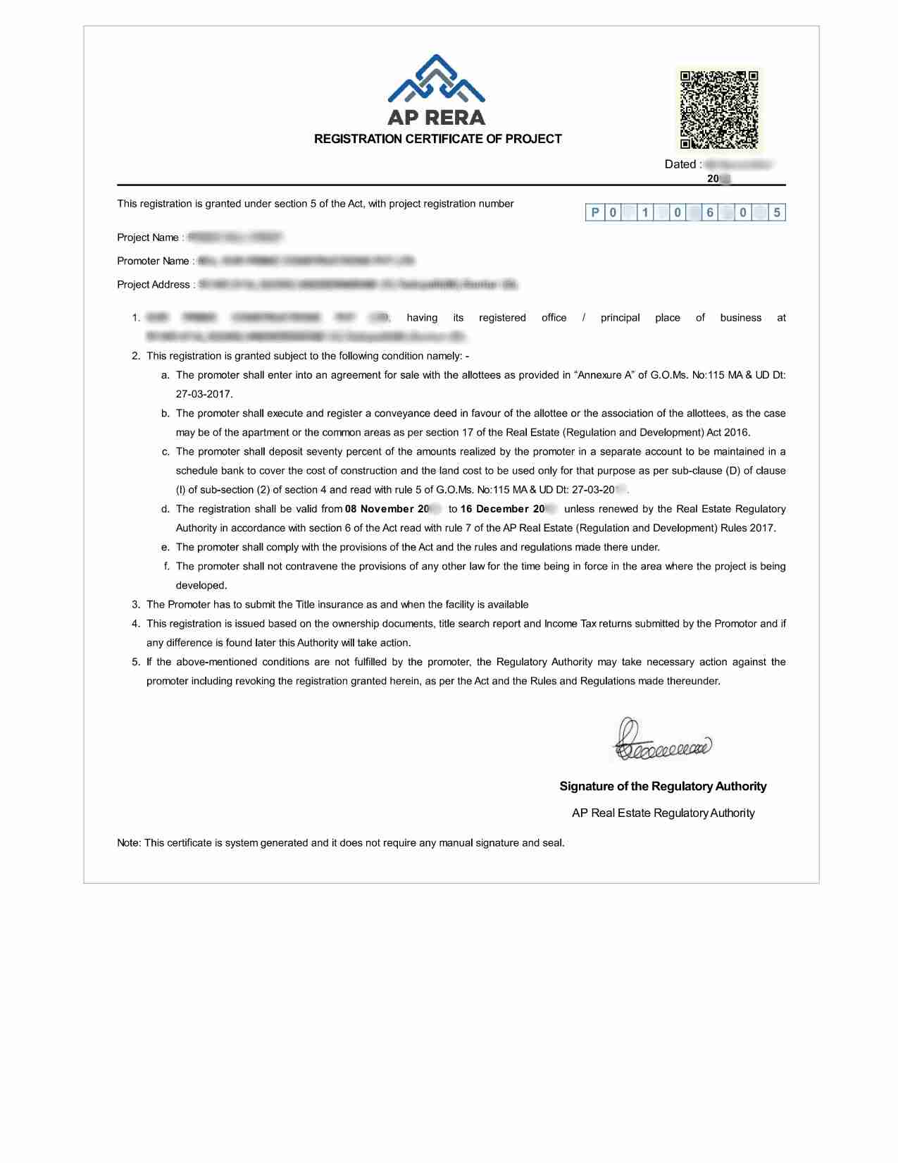 RERA Certificate Andhra Pradesh (రేరా సర్టిఫికేట్) Sample Document