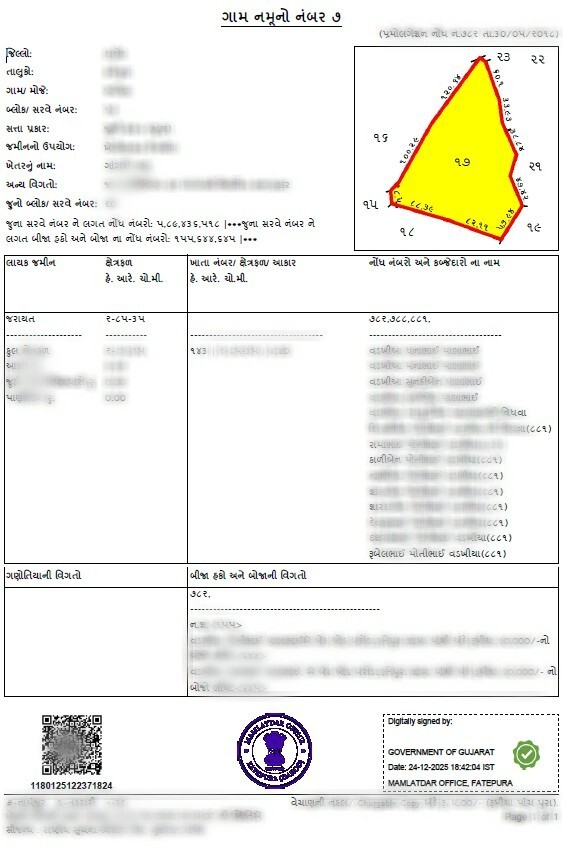 Certified 7/12 Utara Gujarat (પ્રમાણિત ૭/૧૨ ઉતારો) Sample Document