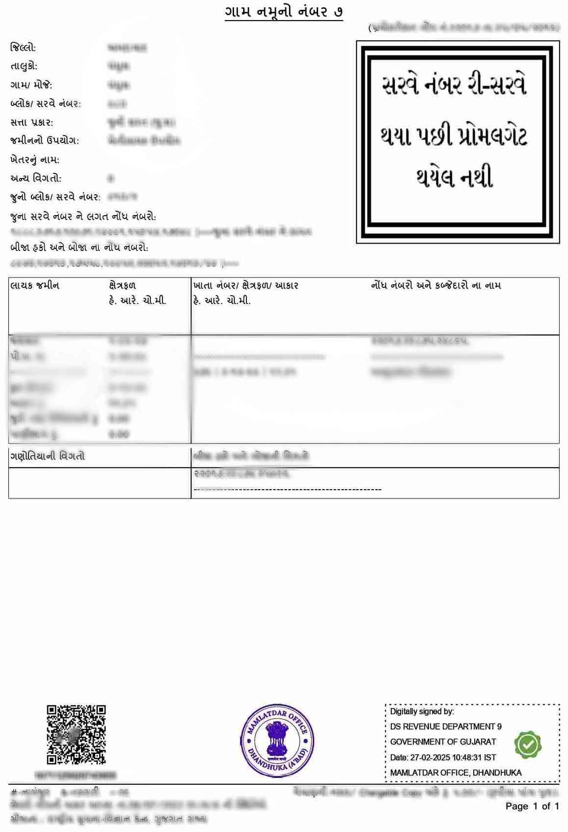 ROR Gujarat (હકનો રેકોર્ડ) – Record of Rights Sample Document