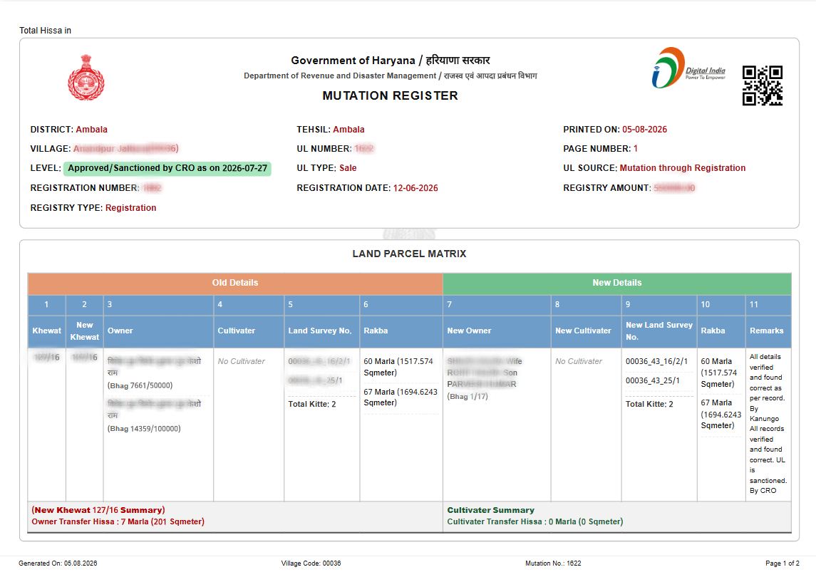 Mutation Status in Haryana (म्यूटेशन स्थिति हरियाणा) Sample Document