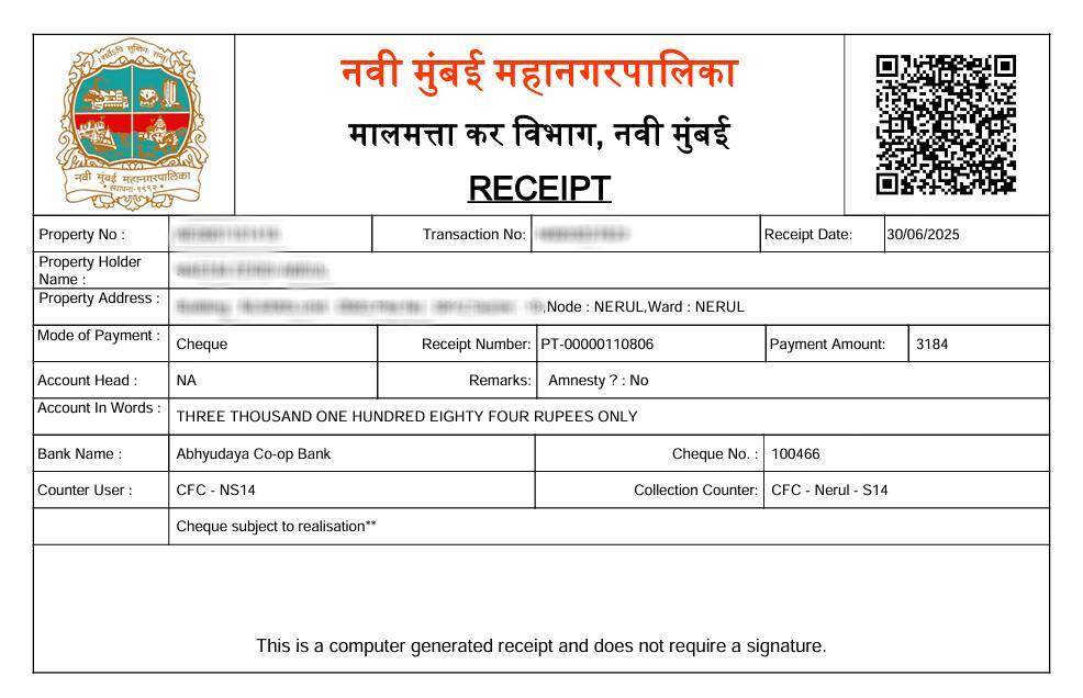 Navi Mumbai Property Tax Receipt (नवी मुंबई मालमत्ता कर पावती) Sample Document
