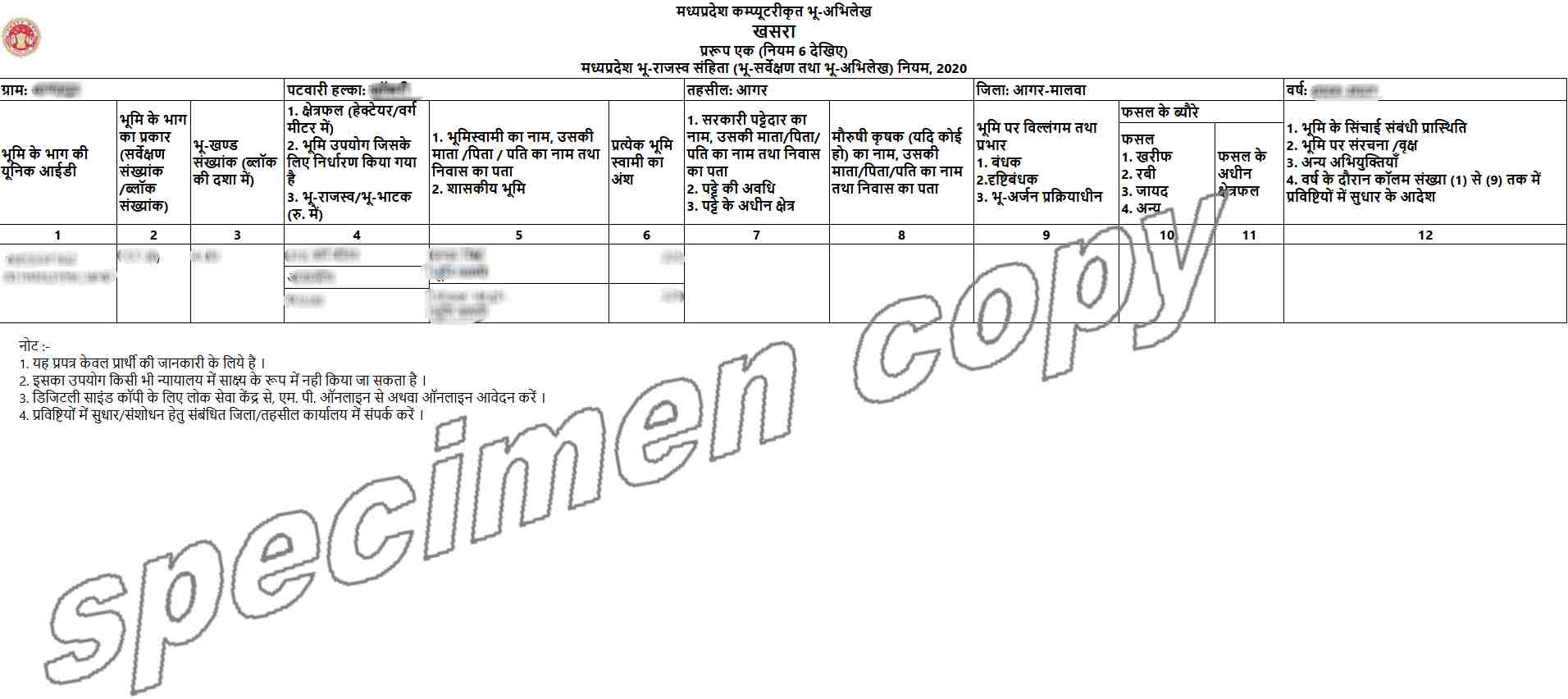 Khatawar Khasra Copy in Madhya Pradesh (खातावार खसरा प्रति) Sample Document
