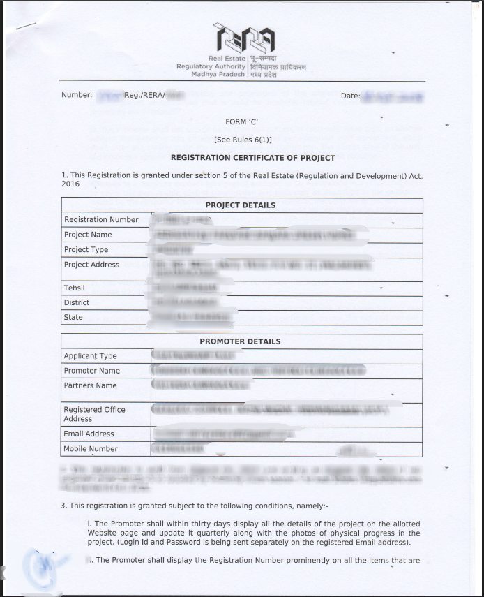 RERA Certificate in Madhya Pradesh ( रेरा प्रमाणपत्र ) Sample Document
