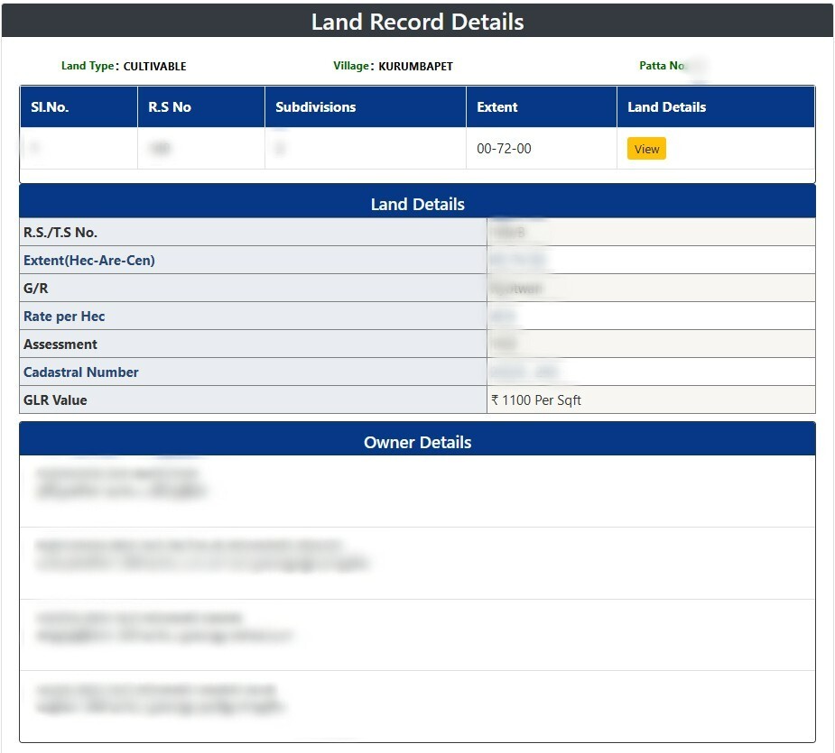 Land Details Puducherry (நில விவரங்கள்) Sample Document