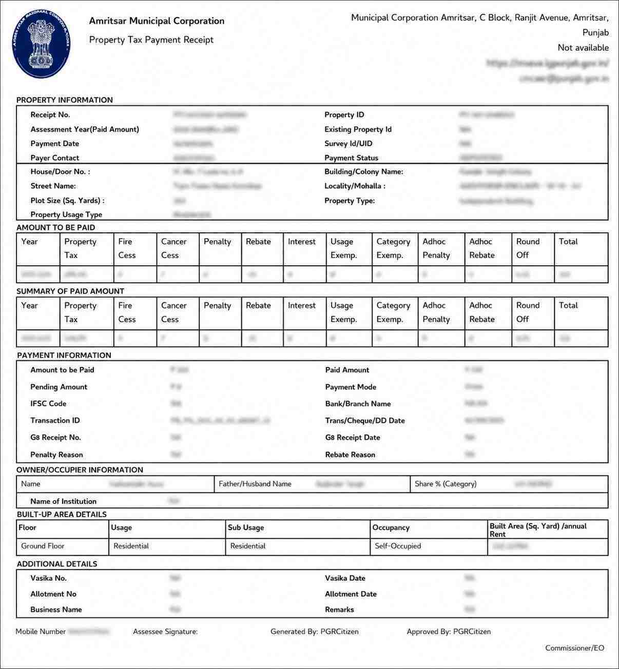 Amritsar Property Tax Receipt (ਅੰਮ੍ਰਿਤਸਰ ਪ੍ਰਾਪਰਟੀ ਟੈਕਸ ਰਸੀਦ) Sample Document