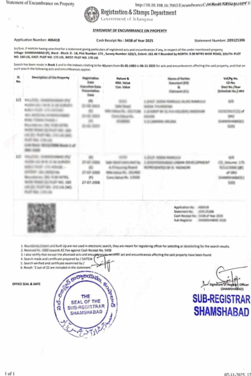  Certified Encumbrance Certificate (IGRS EC) Telangana (EC) (ధృవీకరించిన ఎంకంబ్రెన్స్ సర్టిఫికేట్) Sample Document