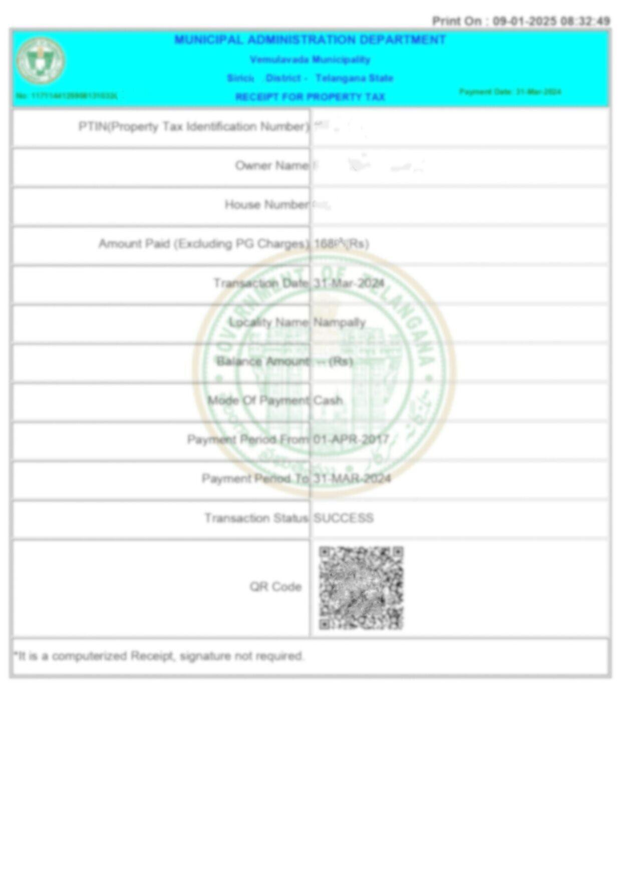 Property Tax Receipt Telangana (ఆస్తి పన్ను రసీదు) Sample Document
