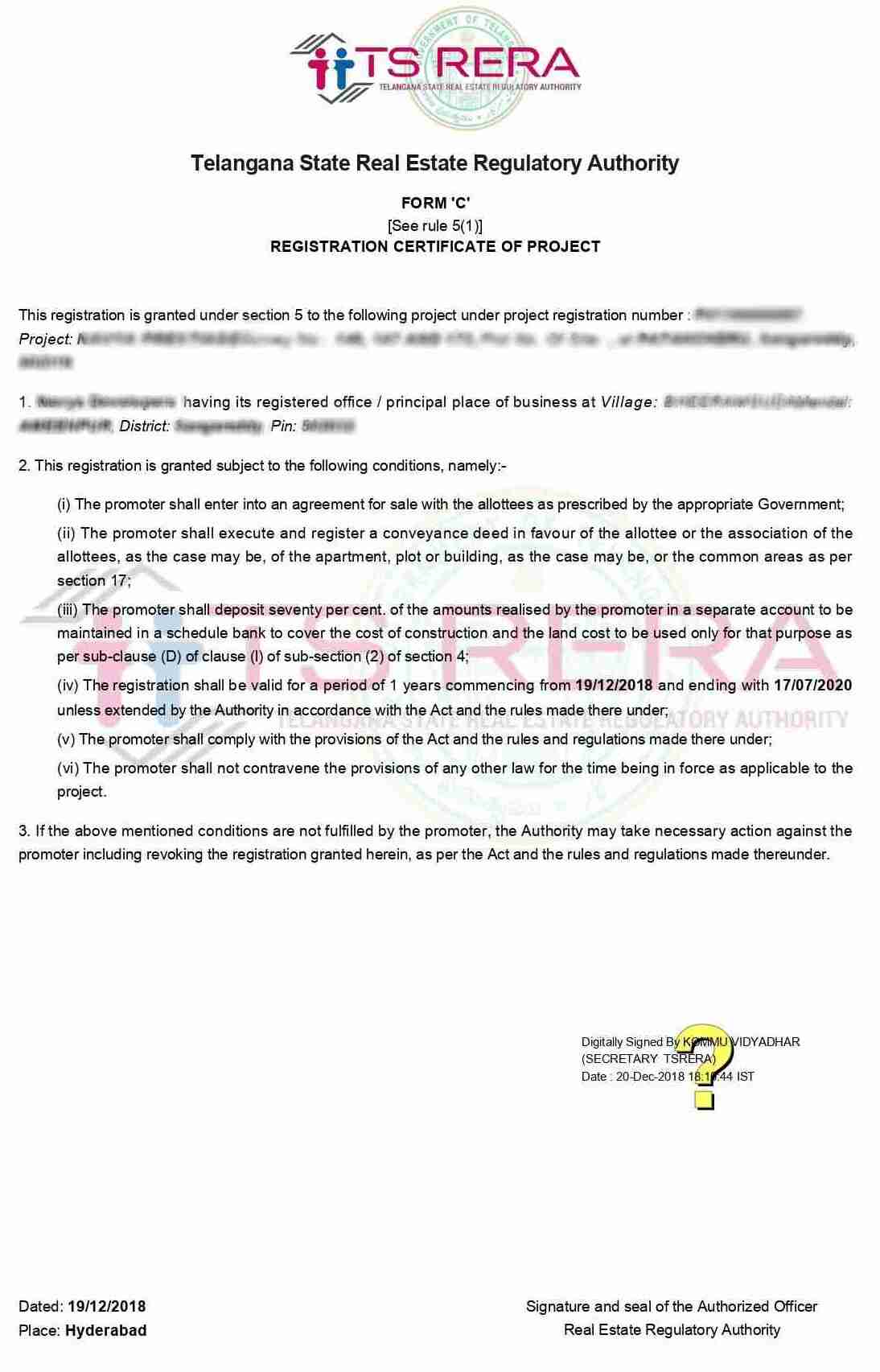 RERA Certificate Telangana (రేరా సర్టిఫికేట్) Sample Document