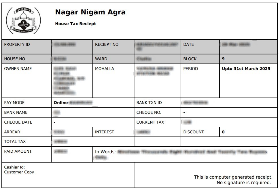 Agra Property Tax Receipt (आगरा संपत्ति कर रसीद) Sample Document
