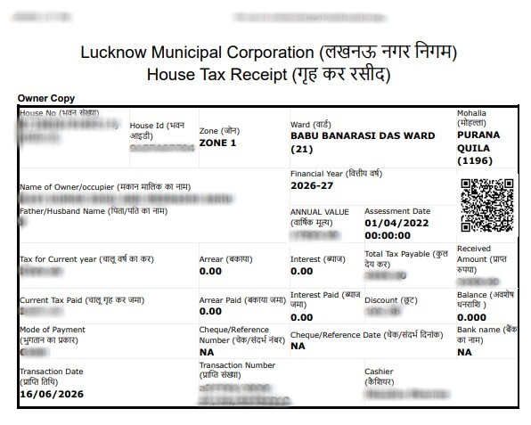 Lucknow House Tax Receipt (लखनऊ हाउस टैक्स रसीद) Sample Document