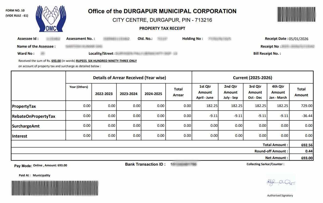 Durgapur Property Tax Receipt (দুর্গাপুর সম্পত্তি কর রসিদ) Sample Document